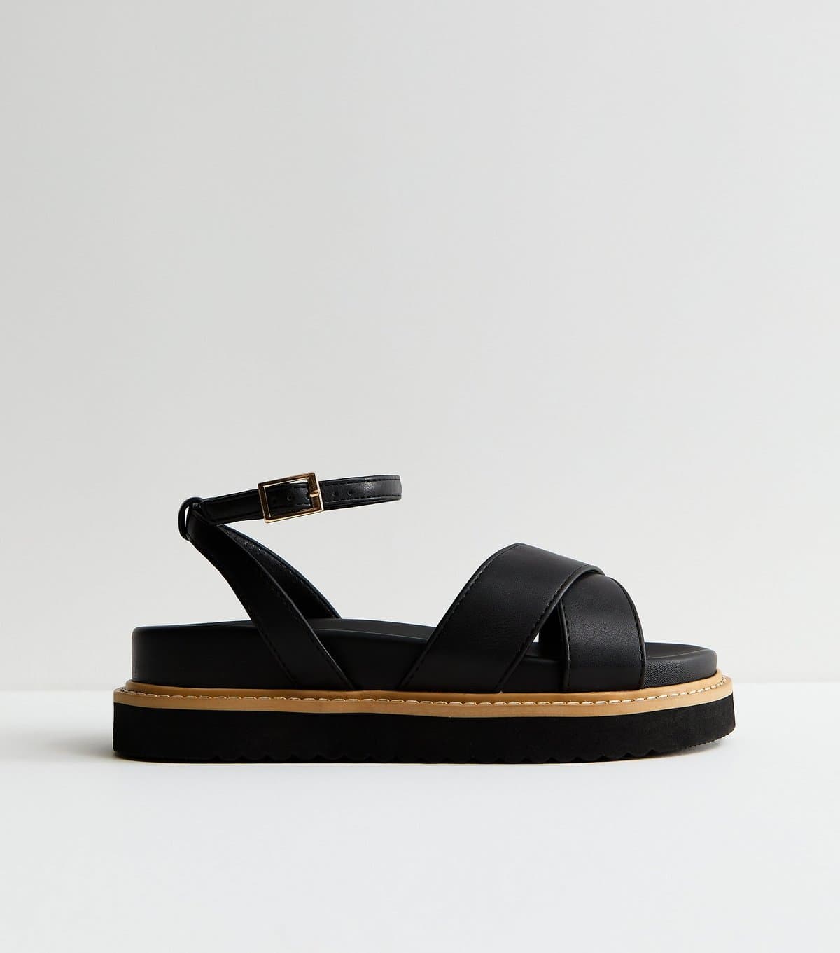 New Look Women's Wide Fit Black Faux Leather Crossover Strap Sandals Vegan New Look