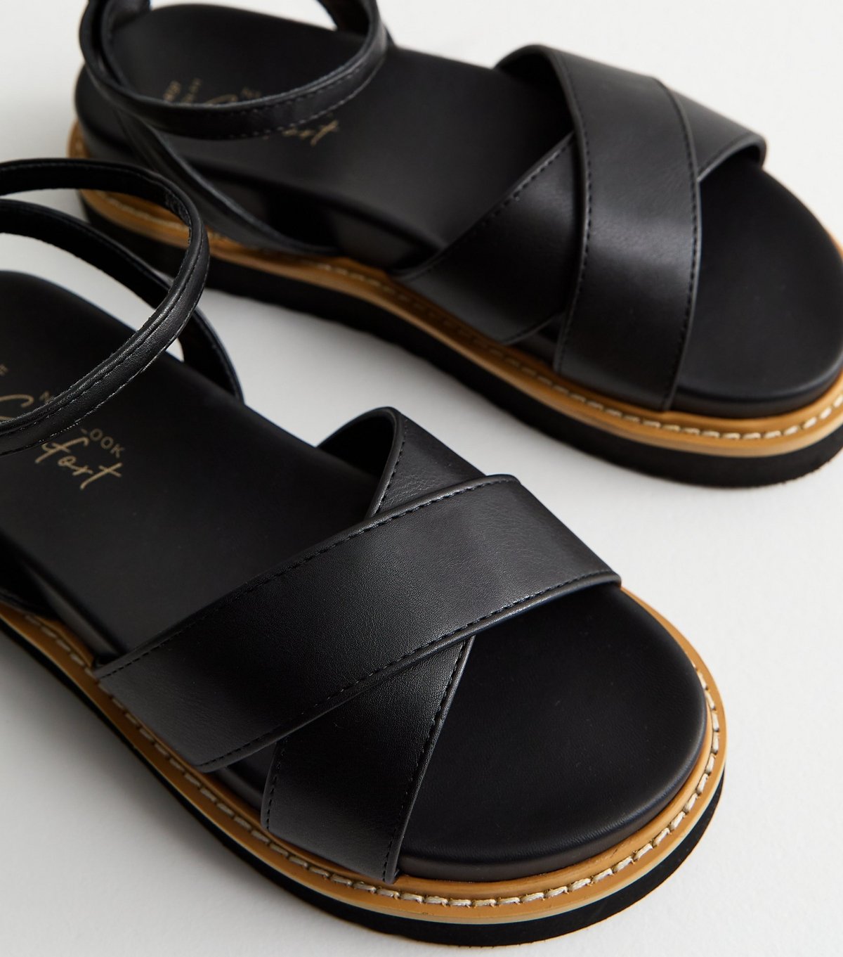 New Look Women's Wide Fit Black Faux Leather Crossover Strap Sandals Vegan New Look - 3