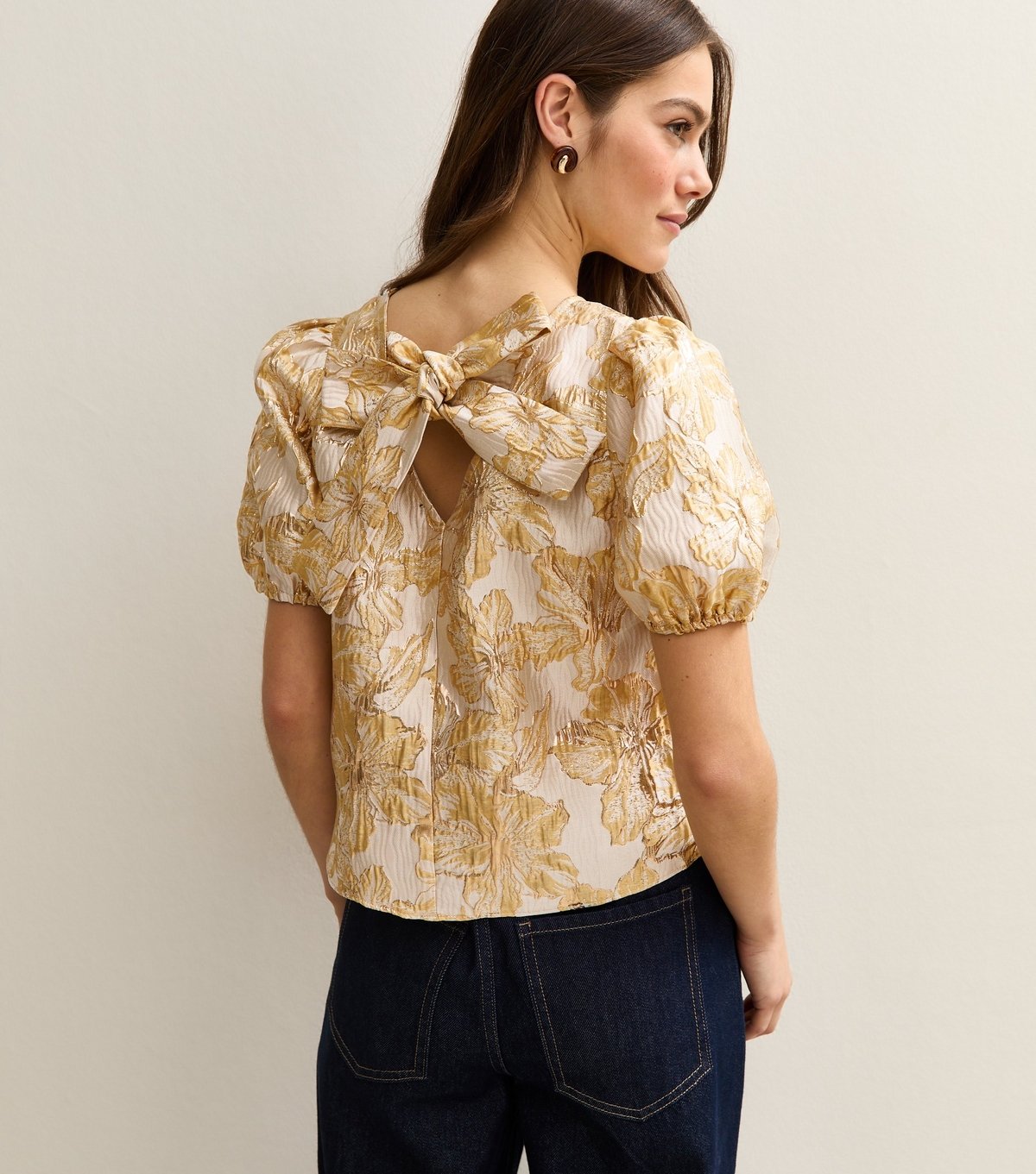 New Look Women's Petite Gold Floral Jacquard Puff Sleeve Top New Look - 4