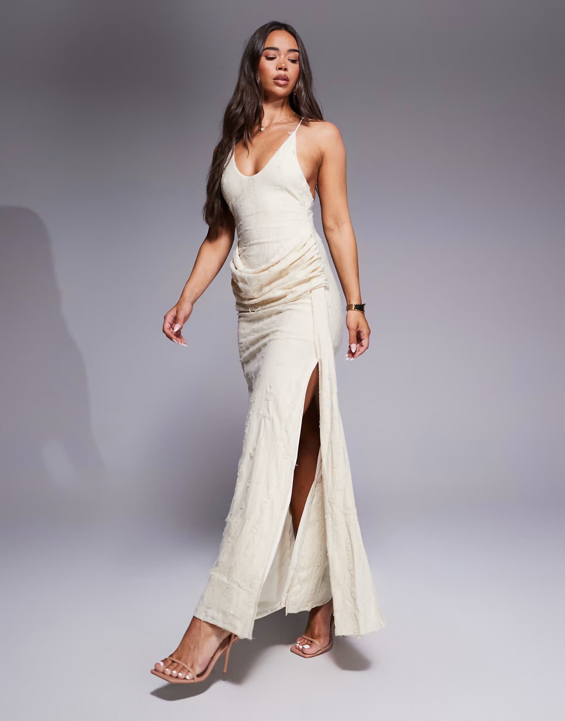 ASOS ASOS DESIGN textured cross back maxi dress with drape detail in cream