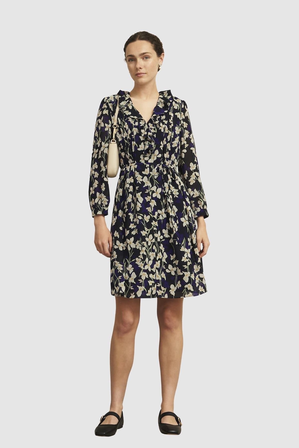 Hobbs London Hobbs London Women's Zoe Ruffle V-Neck Dress in Dark Navy