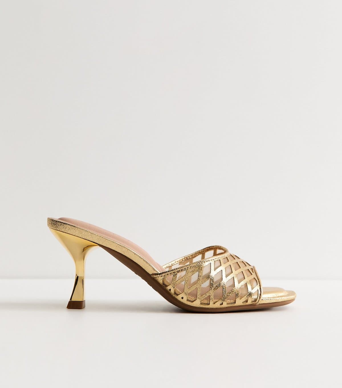 New Look Women's Gold Faux Leather Mesh Lattice Stiletto Mules Vegan New Look