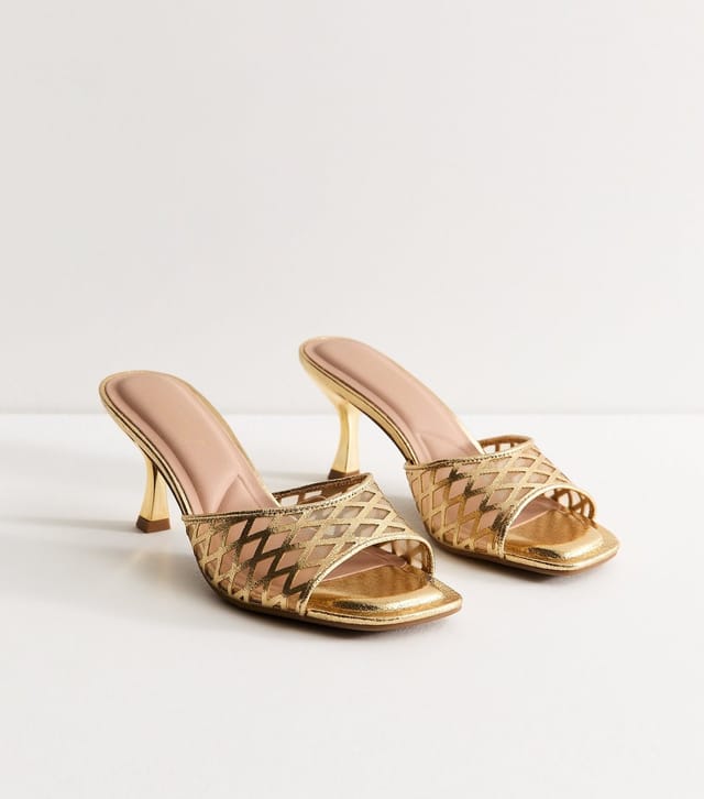 New Look Women's Gold Faux Leather Mesh Lattice Stiletto Mules Vegan New Look - 3