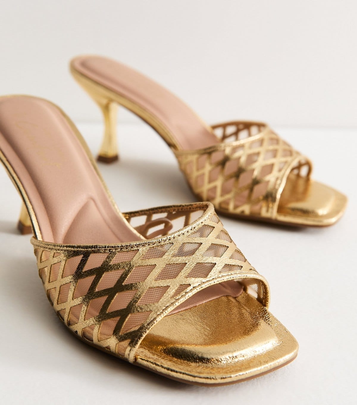 New Look Women's Gold Faux Leather Mesh Lattice Stiletto Mules Vegan New Look - 4