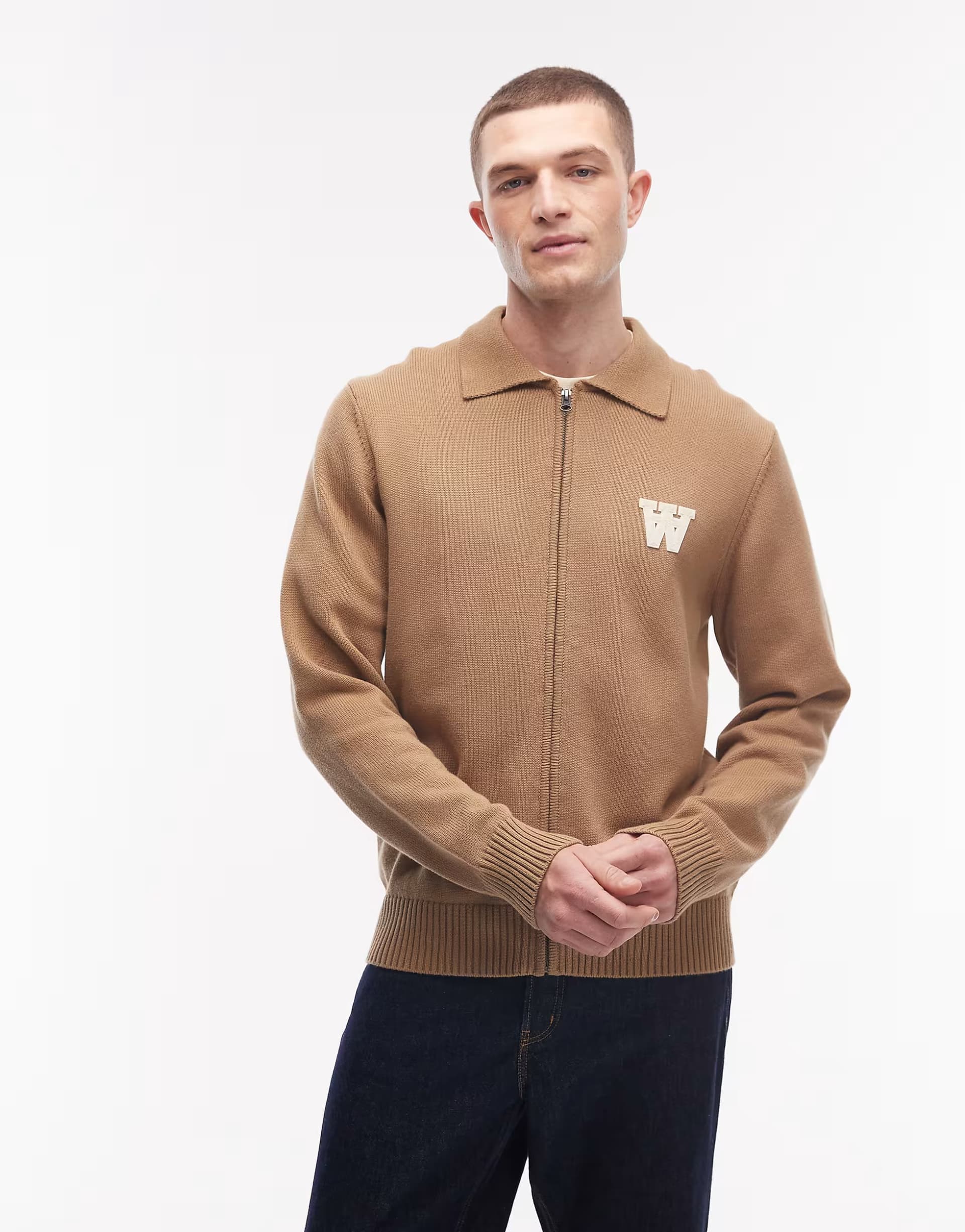 ASOS Double A By Wood Wood 100% cotton logo zip up collar cardigan brown