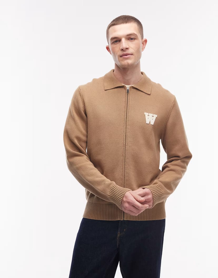 ASOS Double A By Wood Wood 100% cotton logo zip up collar cardigan brown - 1