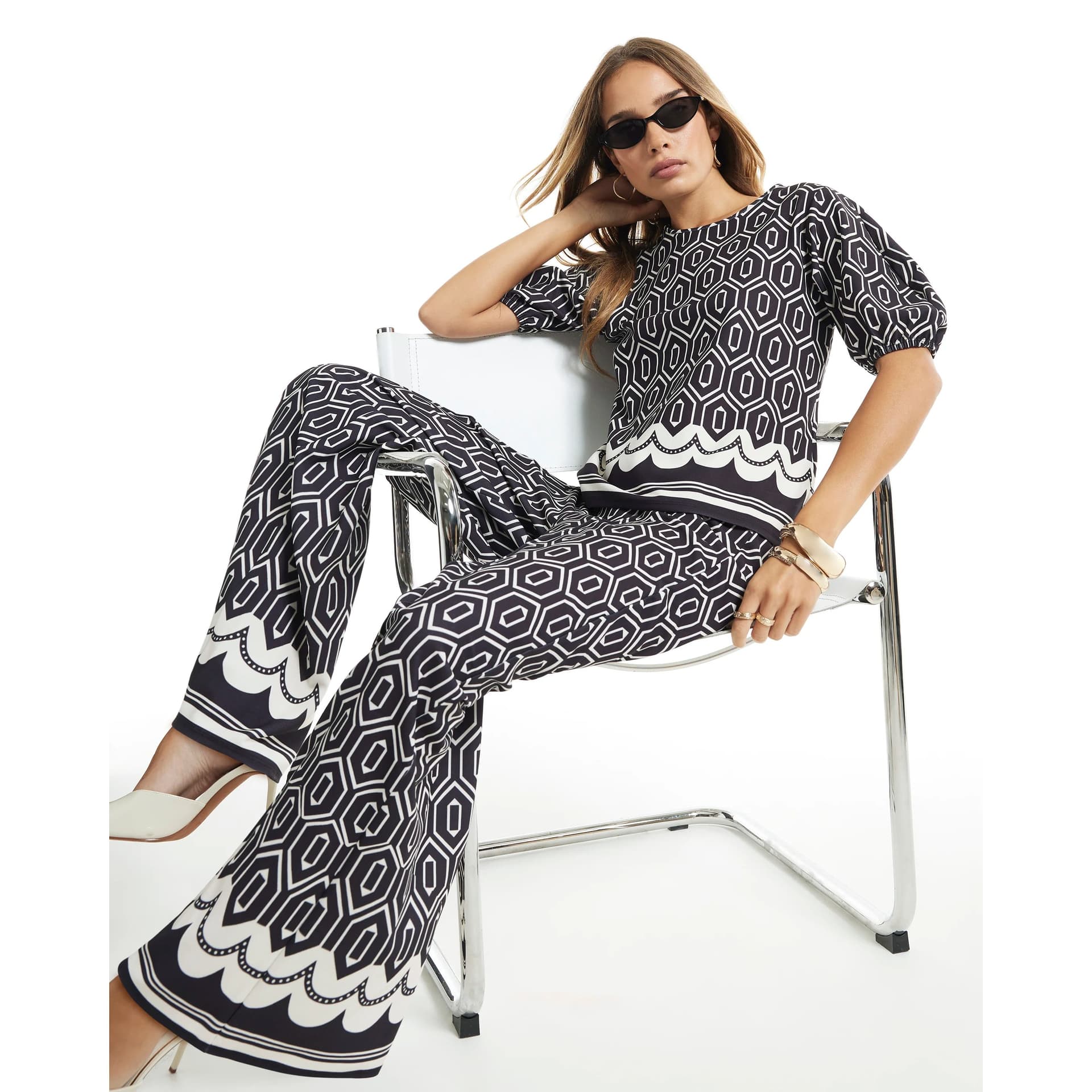 River Island River Island Womens Black Geometric Print Wide Leg Trousers