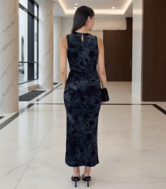 AX Paris Women's Black Velour Floral Fitted Midi Dress AX Paris New Look - 3