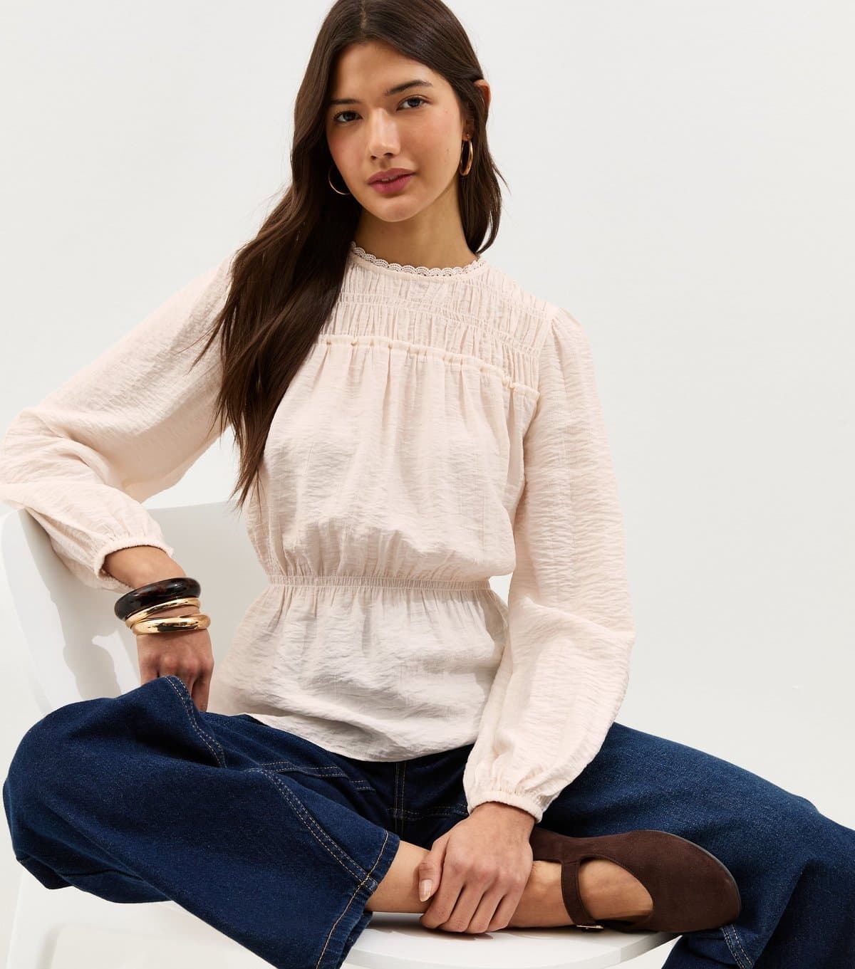 New Look Women's Off White Shirred Crew Neck Blouse New Look