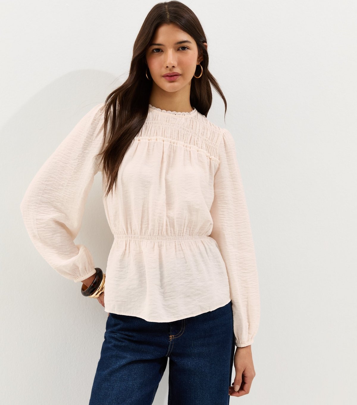 New Look Women's Off White Shirred Crew Neck Blouse New Look - 2