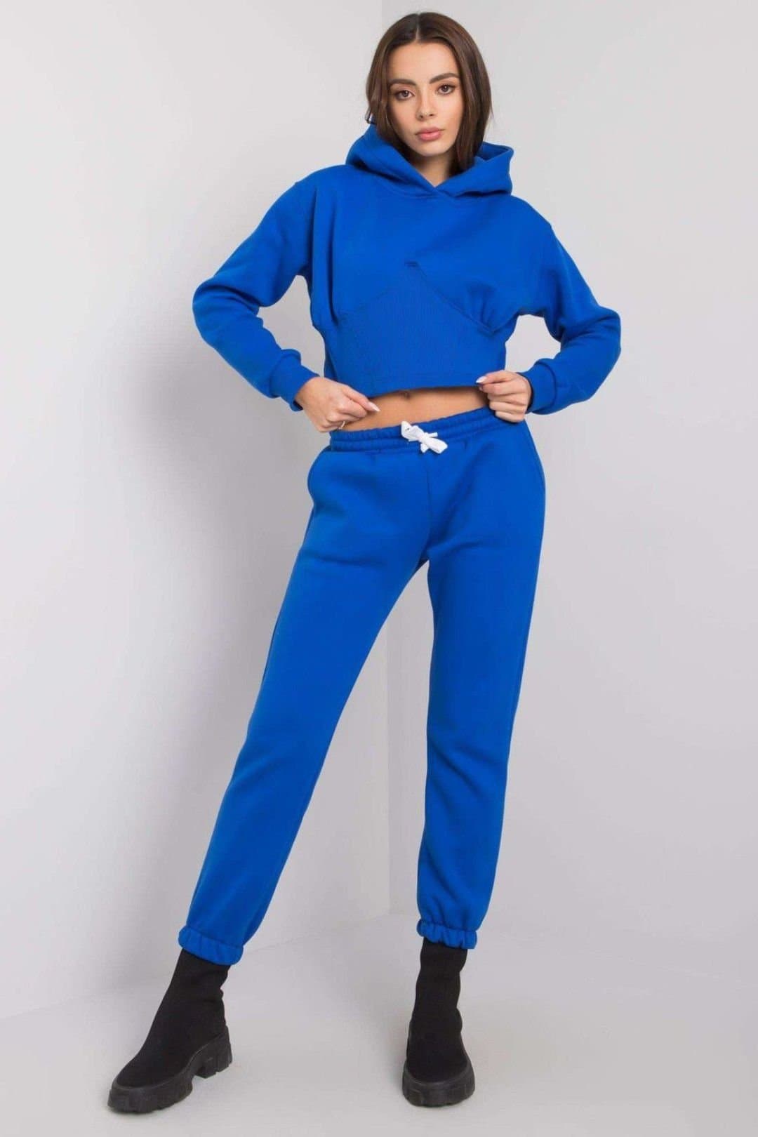 Love Lace Love Lace Women's Hooded Short Sweatshirt & Tie Waist Pants Set in Blue