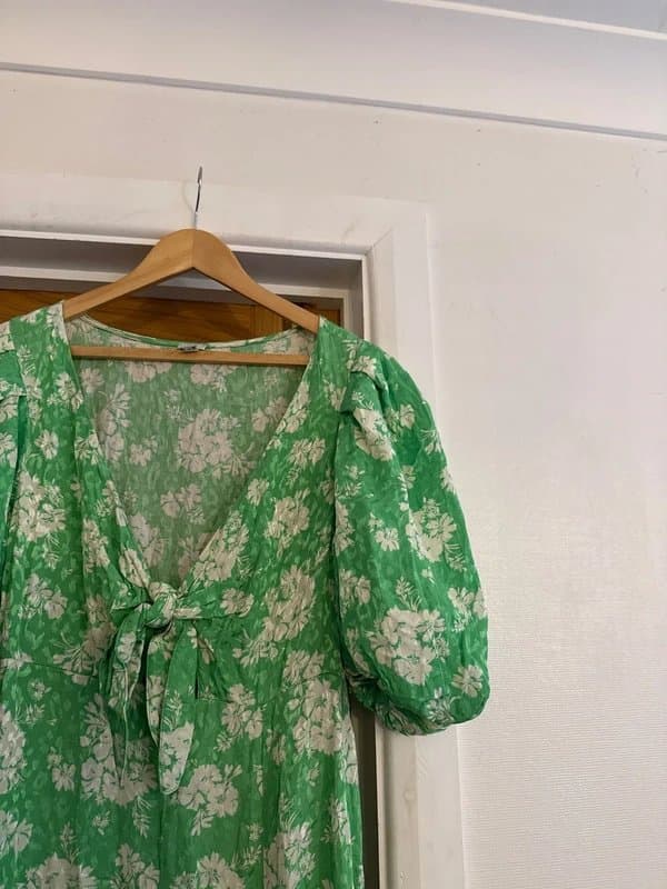 River Island River Island Green Cream Satin Embossed Floral Print Puff Sleeve Bow Front Slip Midi Dress