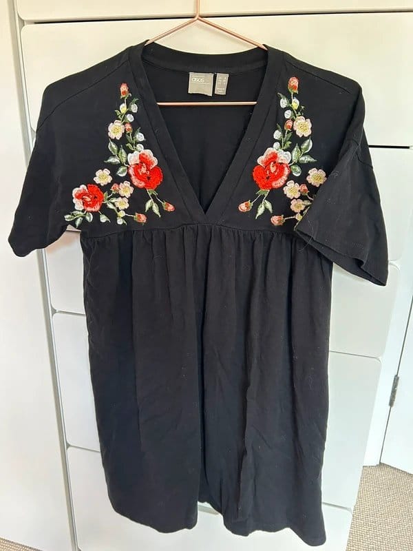 ASOS Black Floral Embroidered T-Shirt Dress