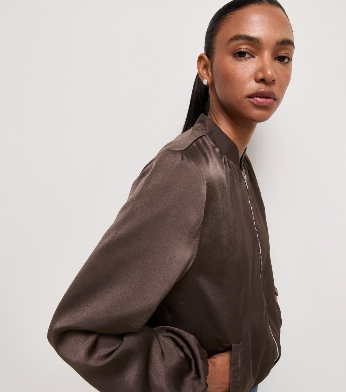 New Look Women's Dark Brown Satin Bomber Jacket New Look
