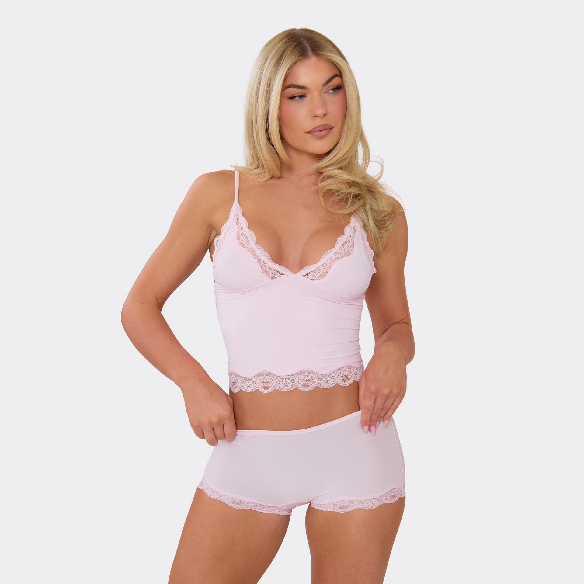 EGO Strappy Lace Trim Detail Top And Shorts Set In Pink, Women's Size UK L