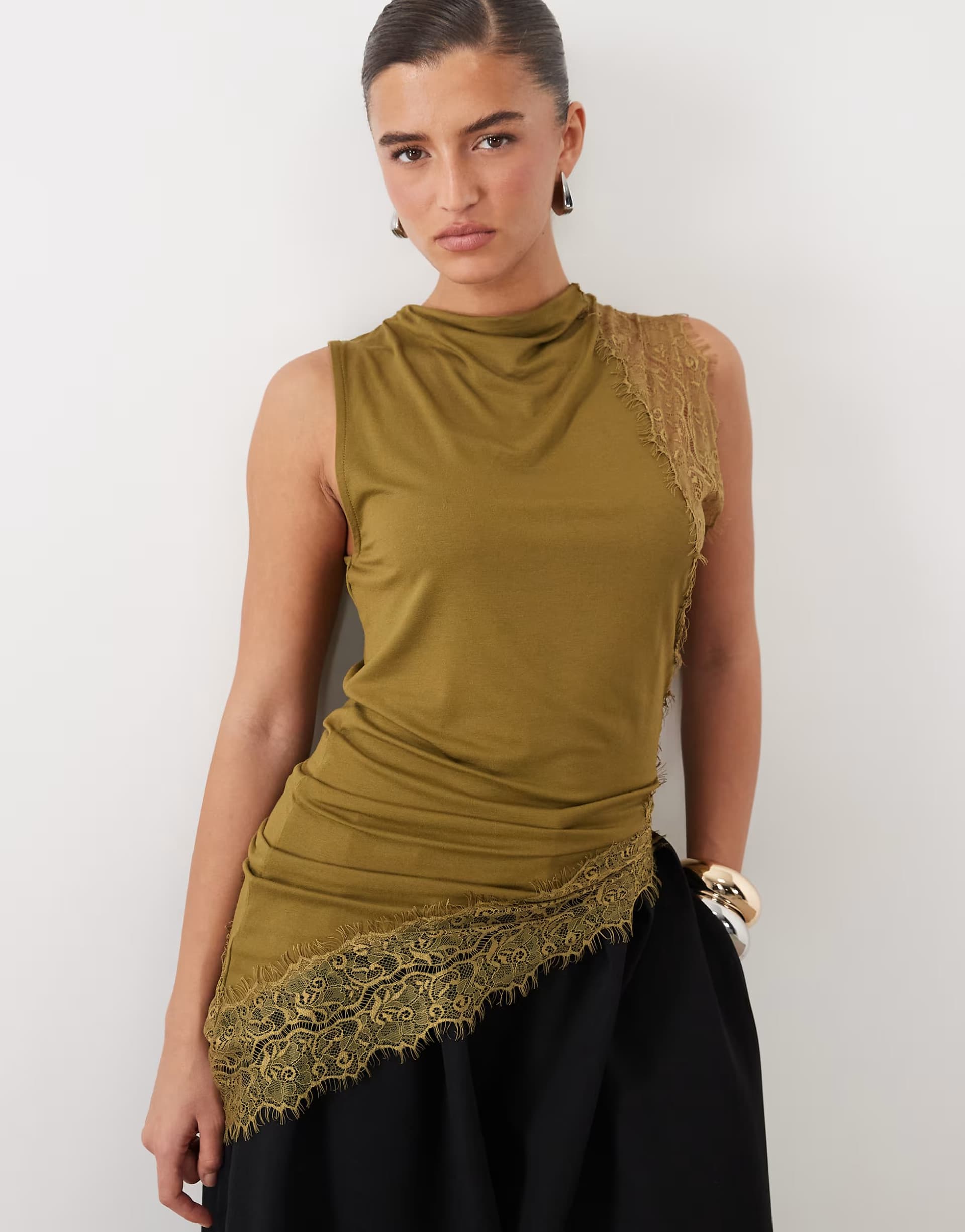 ASOS ASOS DESIGN slinky asymmetric lace trim top in olive