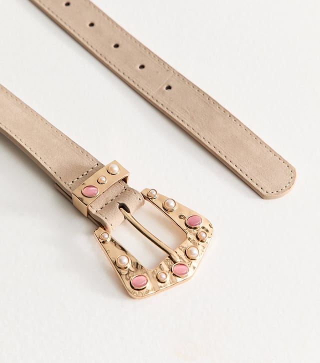 New Look Stone Faux Suede Embellished Buckle Belt Vegan New Look - 3