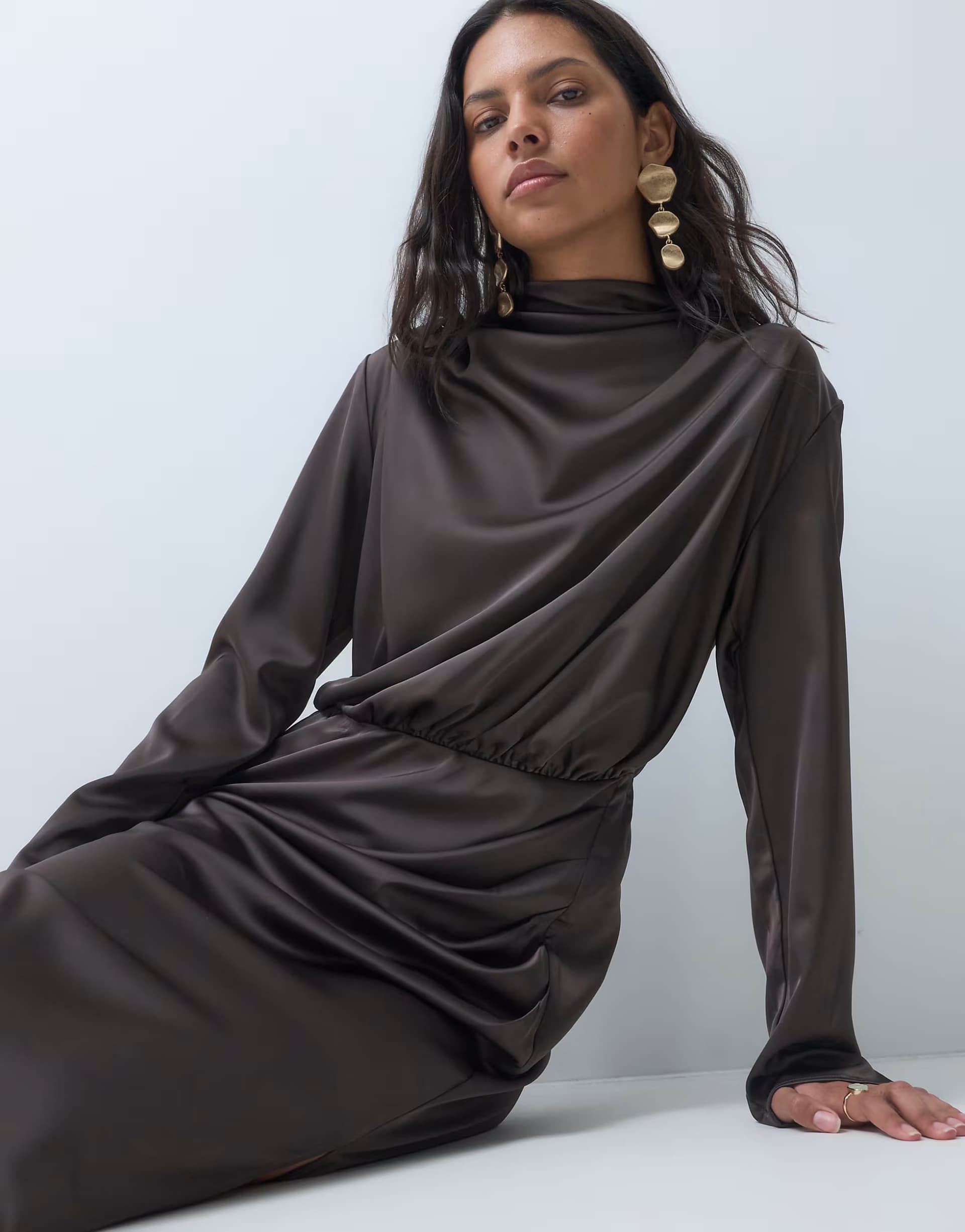 ASOS YAS draped detail long sleeve maxi dress in chocolate brown