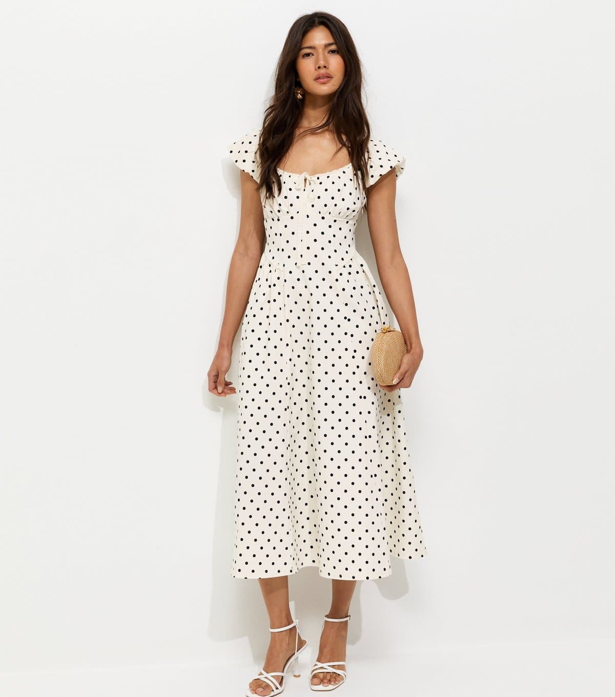 New Look Women's Cream Polka Dot Milkmaid Midi Dress New Look