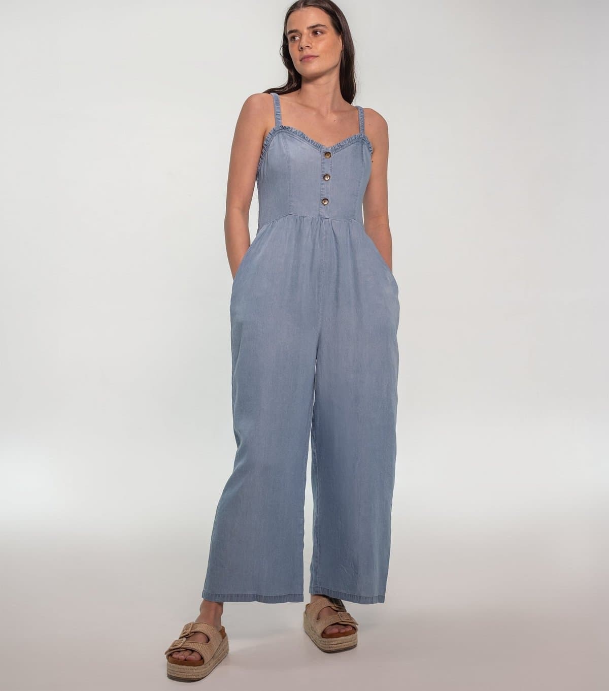 Sunshine Soul Women's Light Blue Denim Strappy Wide Leg Jumpsuit Sunshine Soul New Look