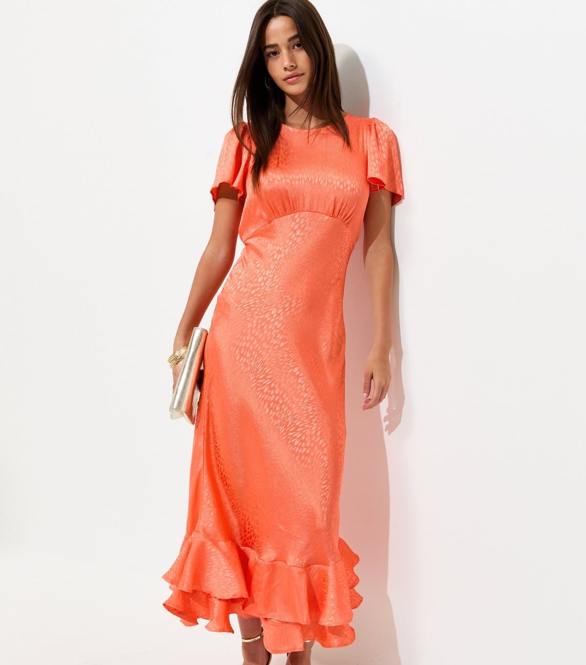 New Look Women's Bright Orange Satin Ruffled Hem Midi Dress New Look