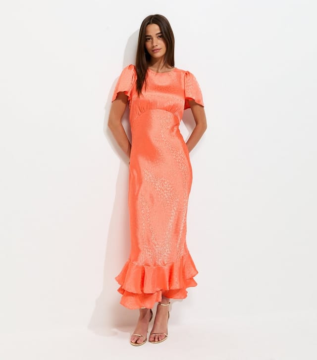 New Look Women's Bright Orange Satin Ruffled Hem Midi Dress New Look - 3