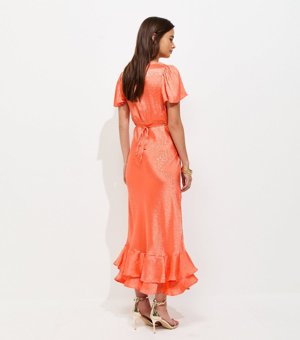 New Look Women's Bright Orange Satin Ruffled Hem Midi Dress New Look - 4