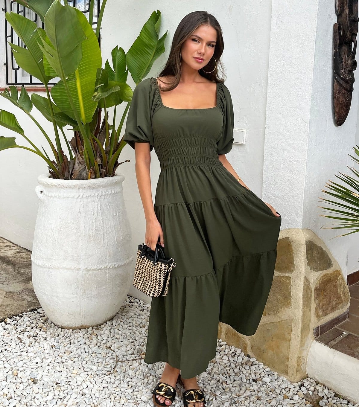 AX Paris Women's Dark Khaki Puff Sleeve Smock Midi Dress AX Paris New Look - 1