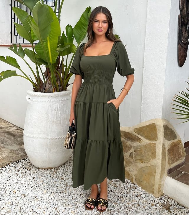 AX Paris Women's Dark Khaki Puff Sleeve Smock Midi Dress AX Paris New Look - 2