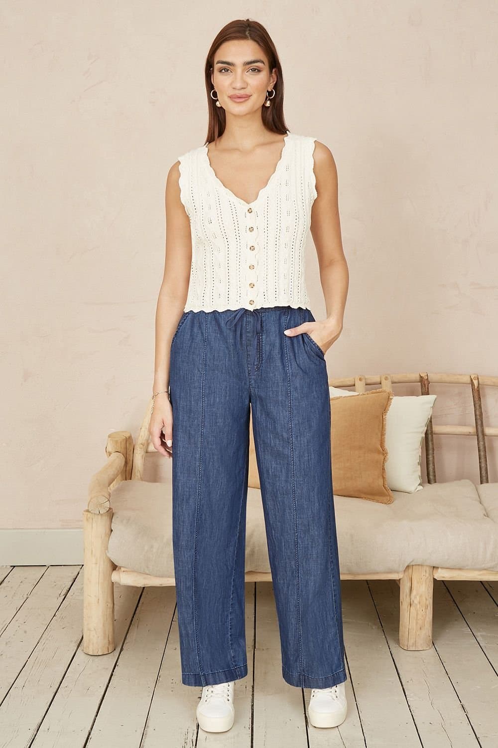 Yumi Yumi Women's Blue Chambray Relaxed Fit Wide Leg Trousers
