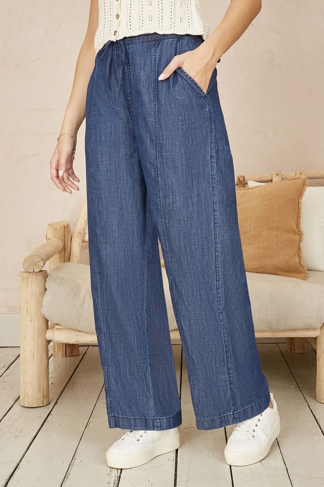 Yumi Yumi Women's Blue Chambray Relaxed Fit Wide Leg Trousers - 2