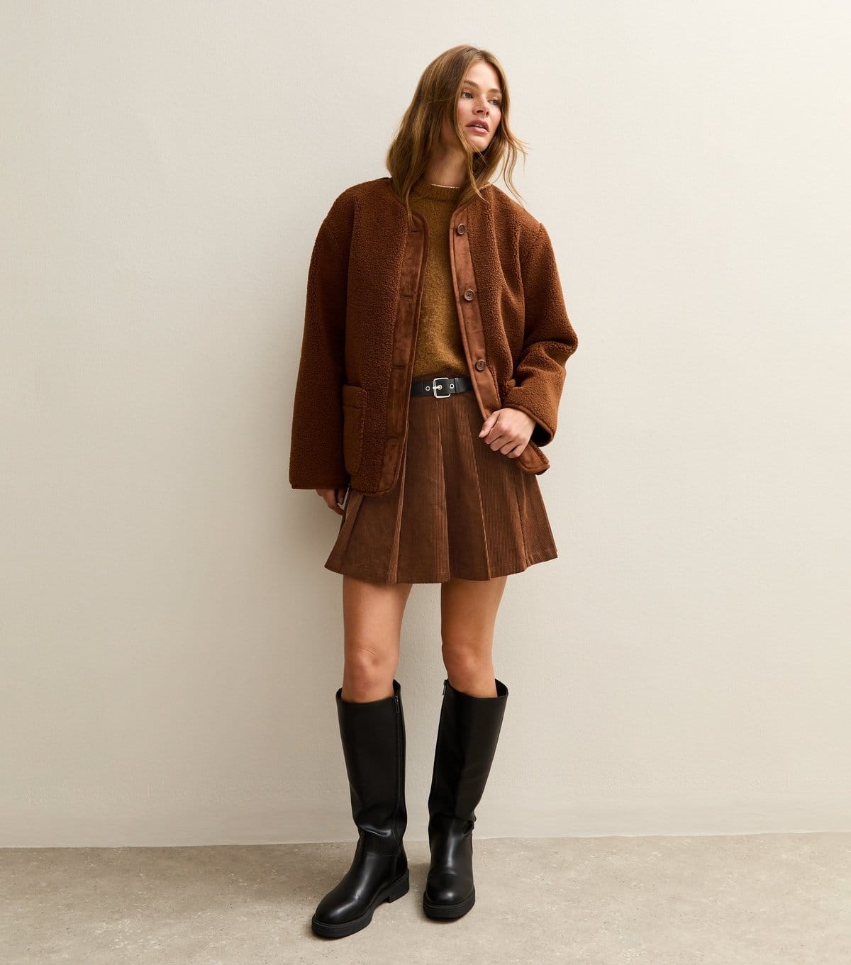 New Look Brown Corduroy Pleated Buckle Mini Skirt