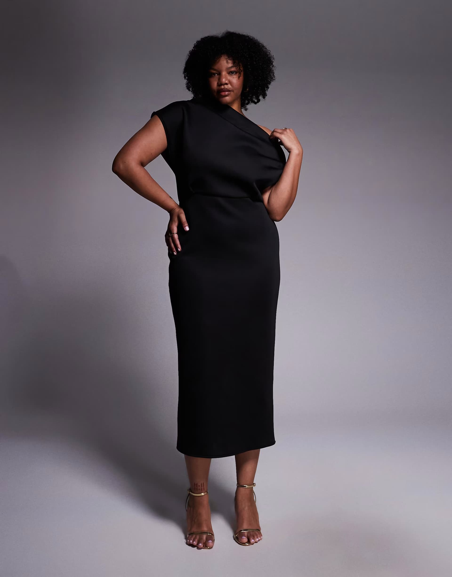 ASOS ASOS DESIGN Curve dramatic neckline midi dress in black scuba-style fabric