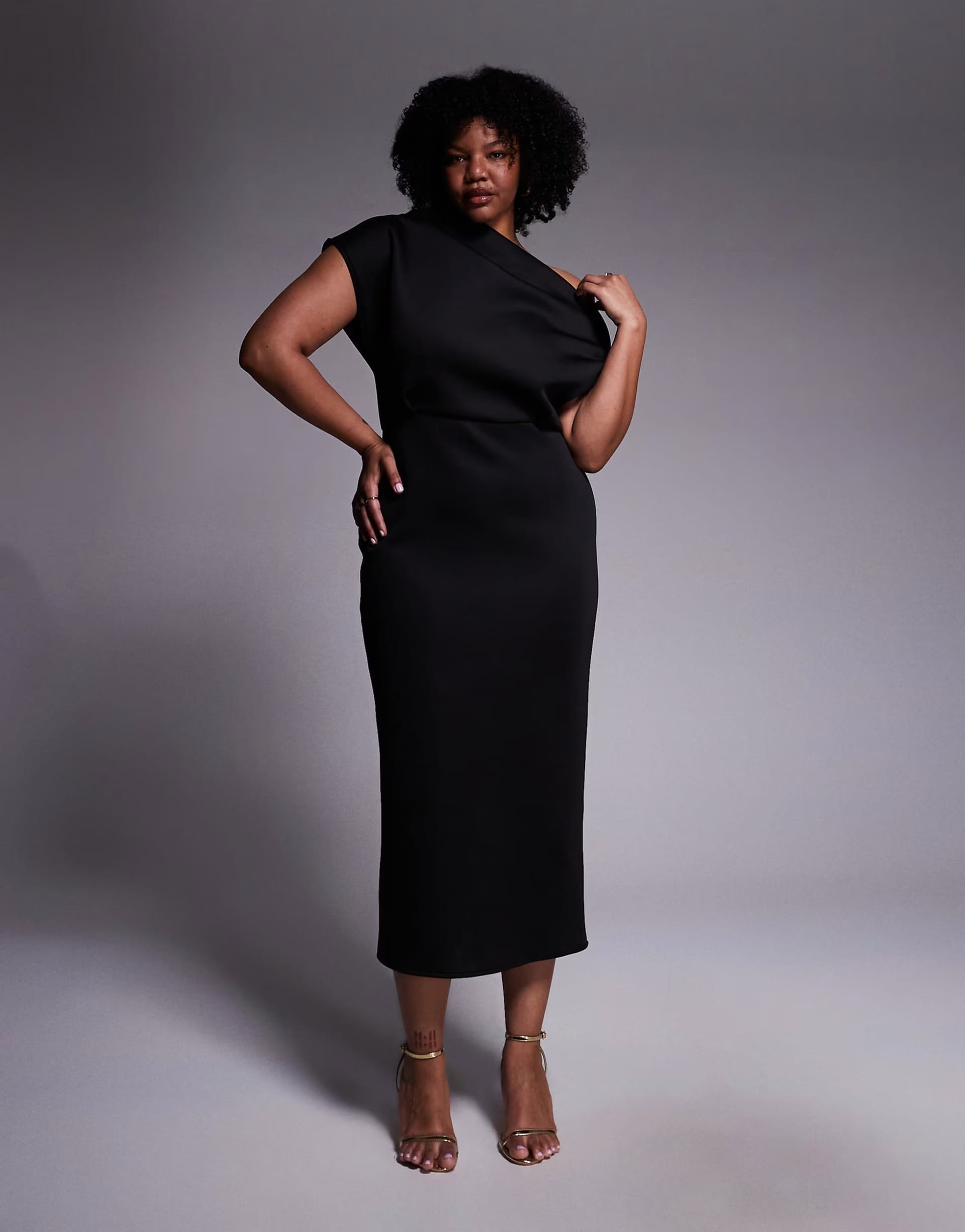 ASOS Black Scuba-Style Midi Dress with Dramatic Neckline