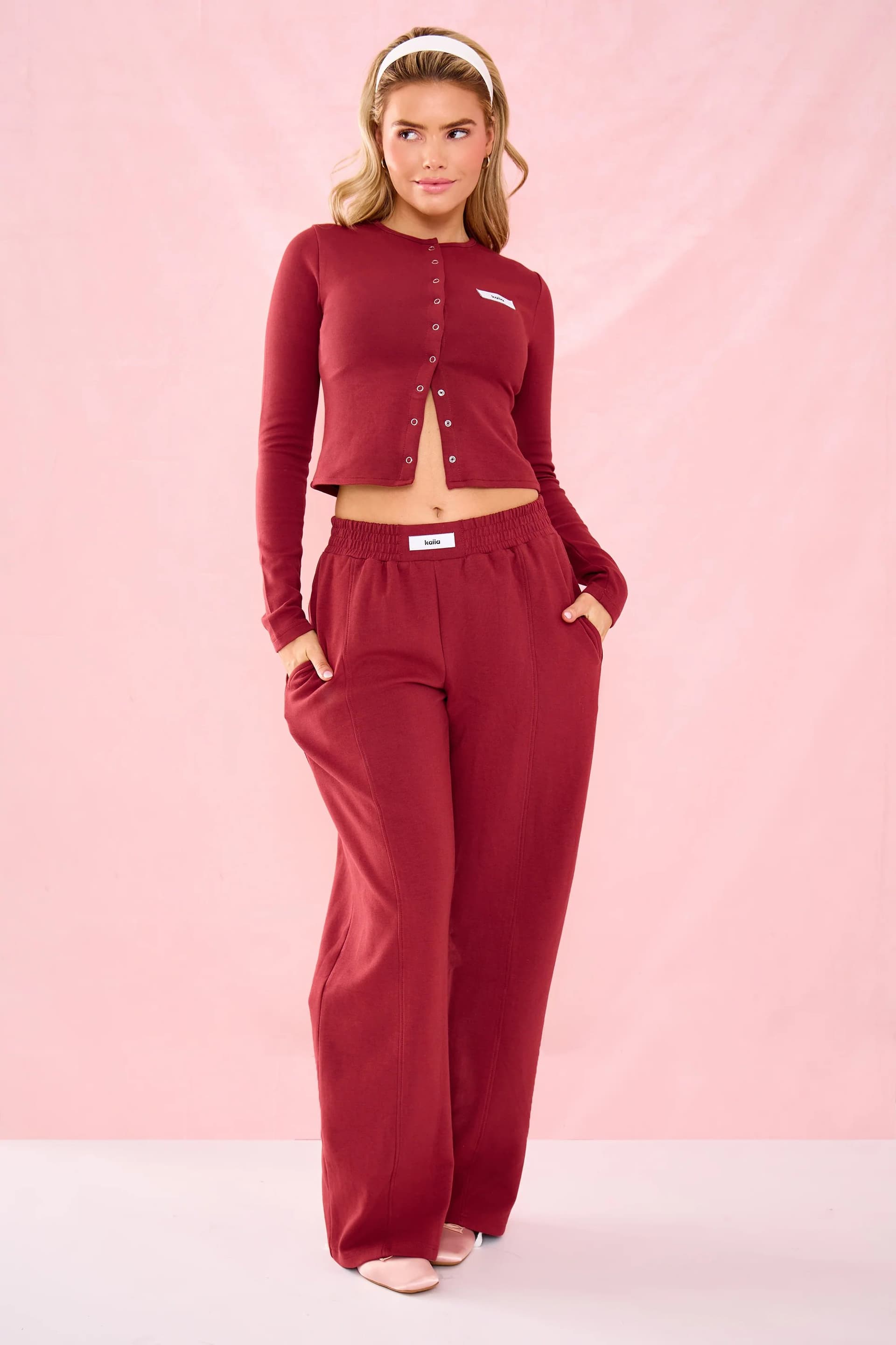 Kaiia Kaiia Label Logo Premium Interlock Seam Detail Wide Leg Joggers Warm Berry