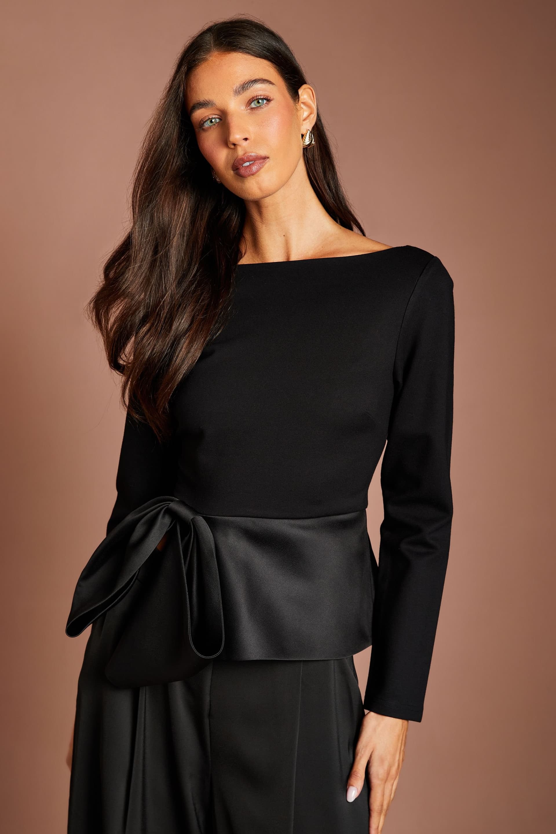 Coast Coast Women's Ponte Wide Neck Long Sleeve Top With Satin Bow Peplum in Black