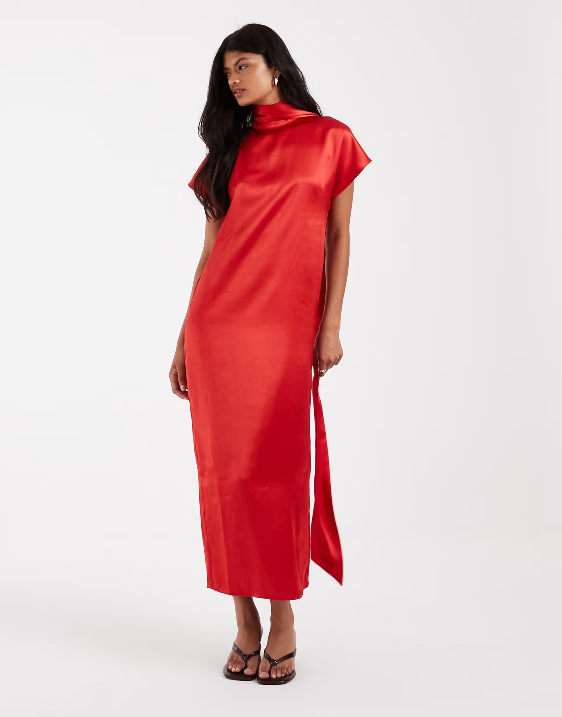 ASOS ASOS DESIGN high neck satin maxi dress with scarf in red