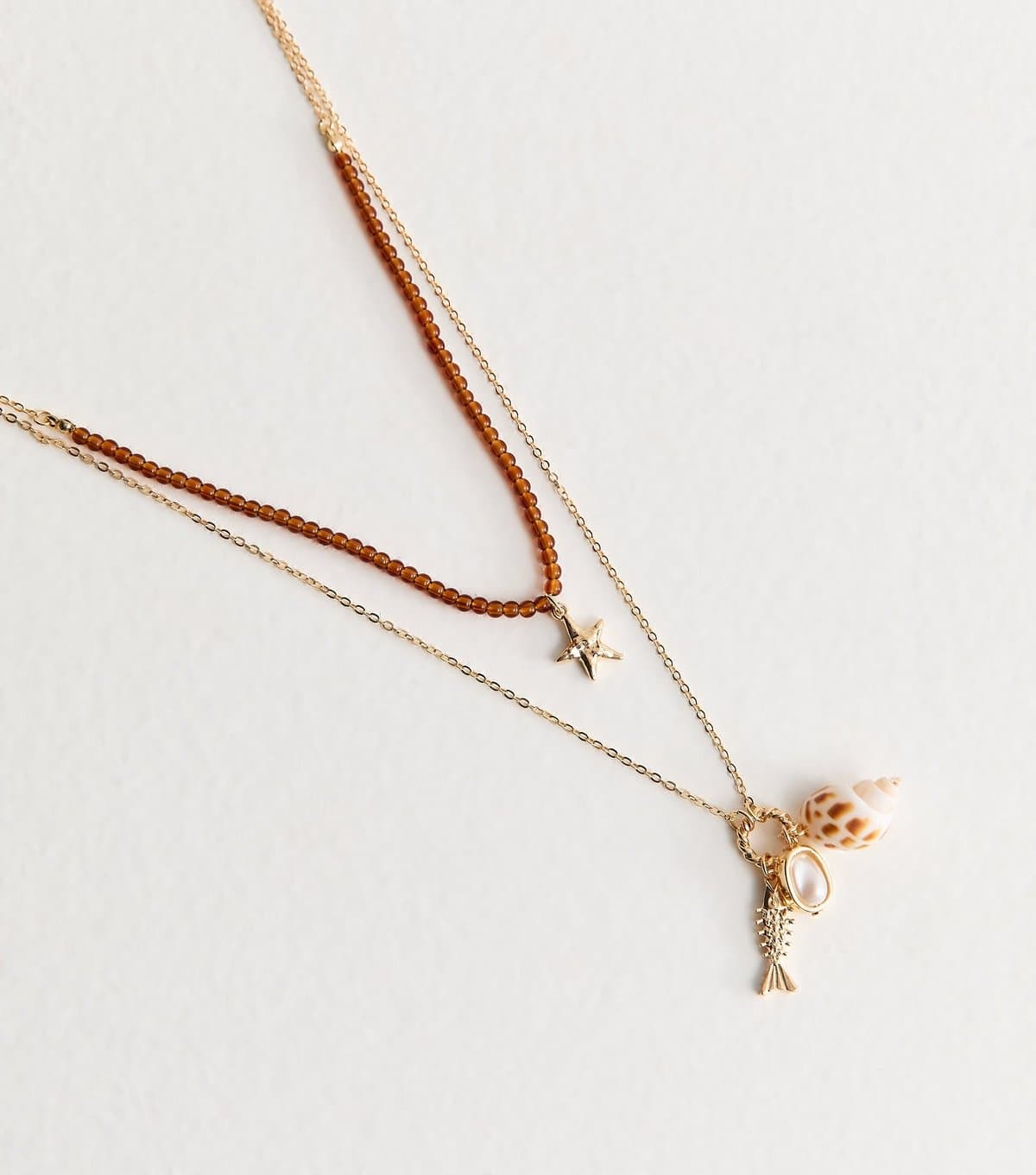 New Look New Look Gold Tone Double Layer Beaded Charm Necklace