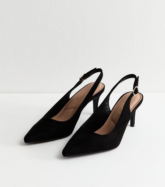 New Look Women's Black Faux Suede Slingback Stiletto Court Shoes Vegan New Look - 3