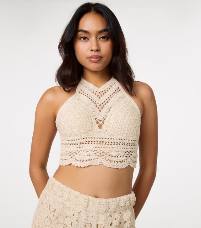 Pink Vanilla Women's Stone Crochet  Tie Back Halter Top Pink Vanilla New Look - 3