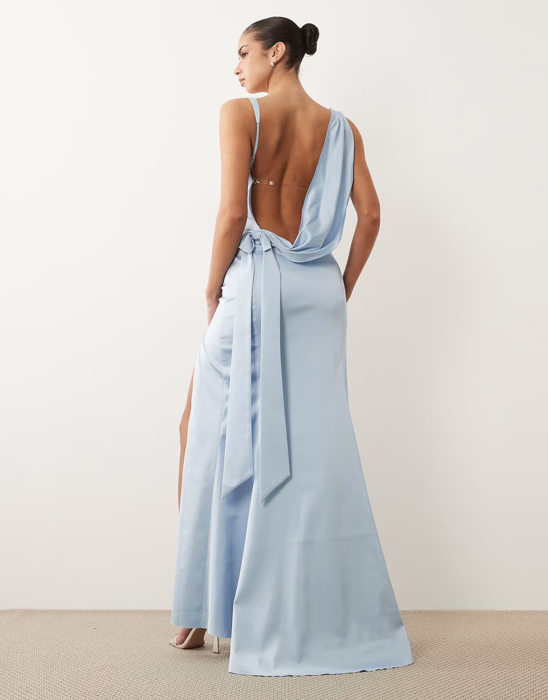 ASOS Oh Polly satin cowl drape open back detail thigh split maxi dress in powder blue