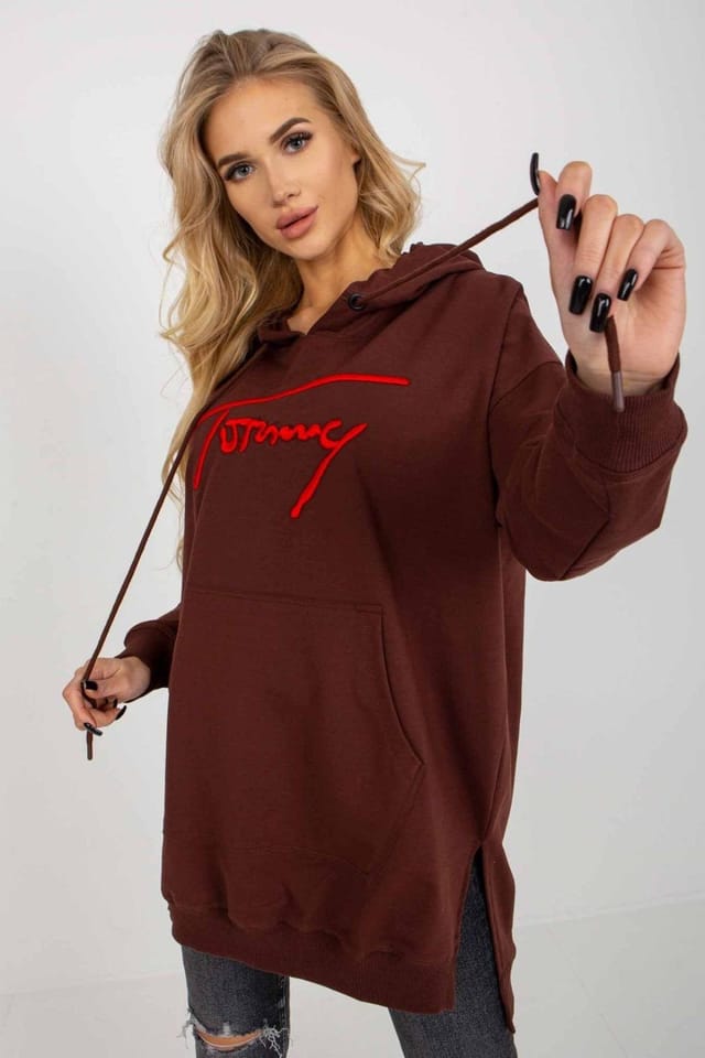 Love Lace Love Lace Women's Long Casual Hooded Sweatshirt with Kangaroo Pocket in Brown - 2