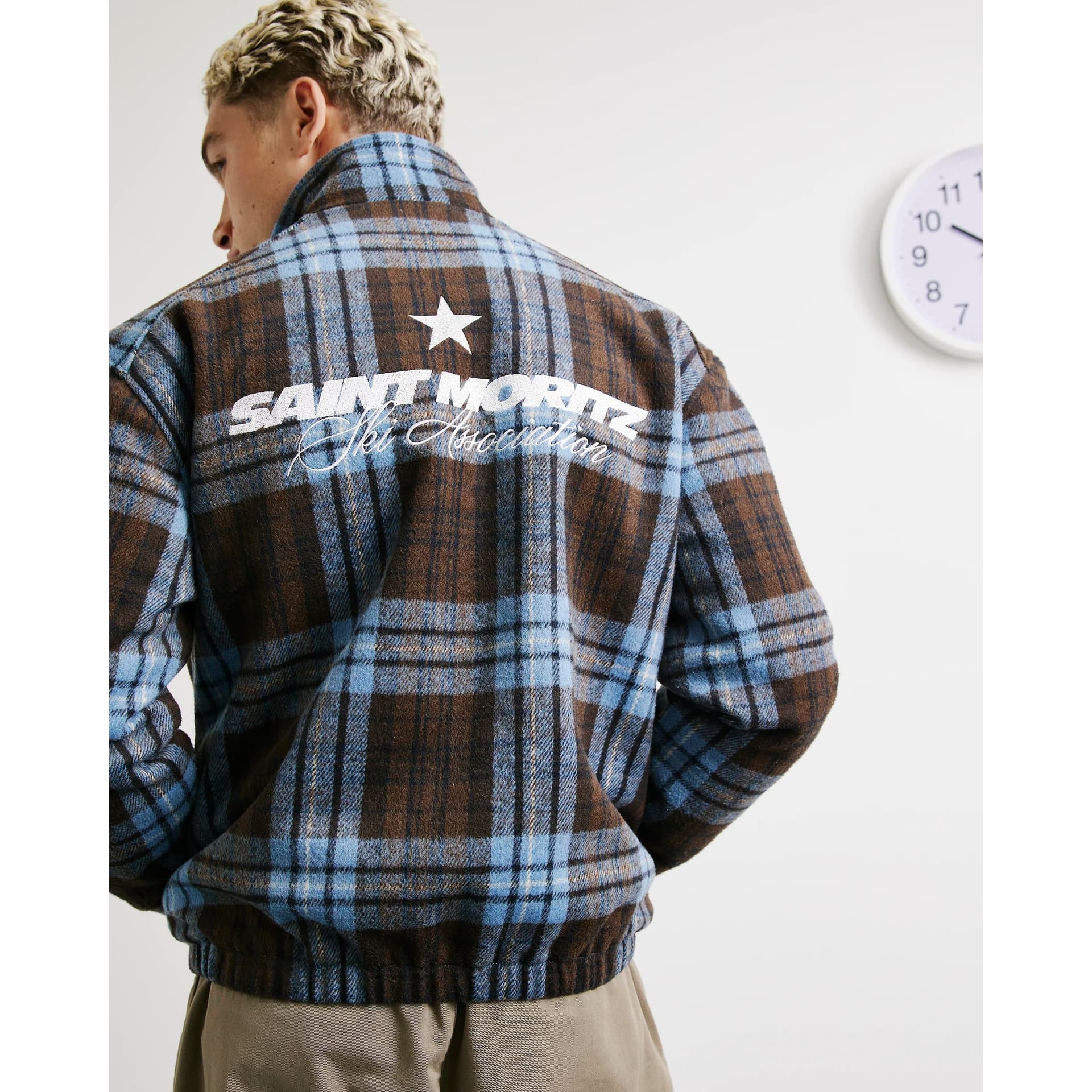 River Island Mens River Island Blue Check Ski Badged Funnel Neck Jacket