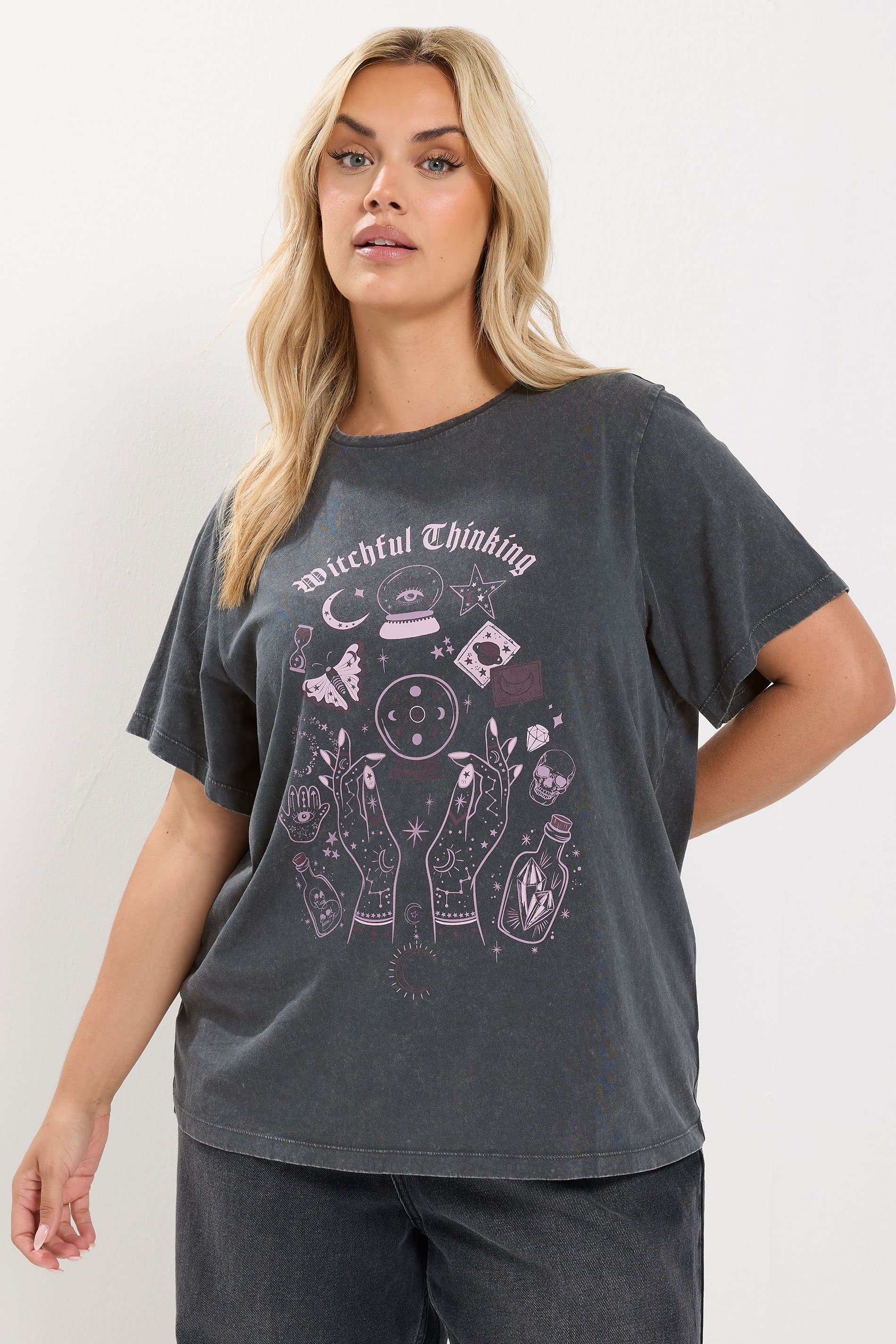 Yours Plus Size Grey Acid Wash 'Witchful Thinking' Graphic Tshirt
