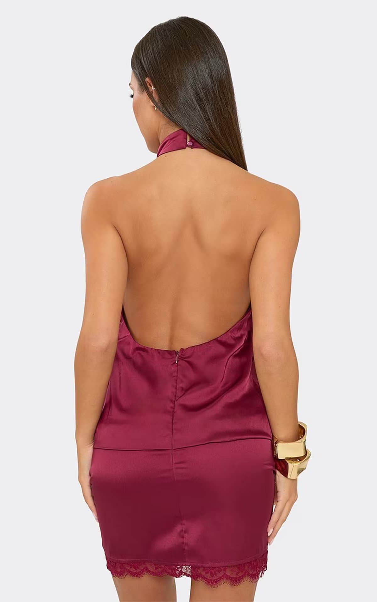 EGO High Neck Lace Trim Mini Blouson Dress In Burgundy Satin, Women's Size UK 6