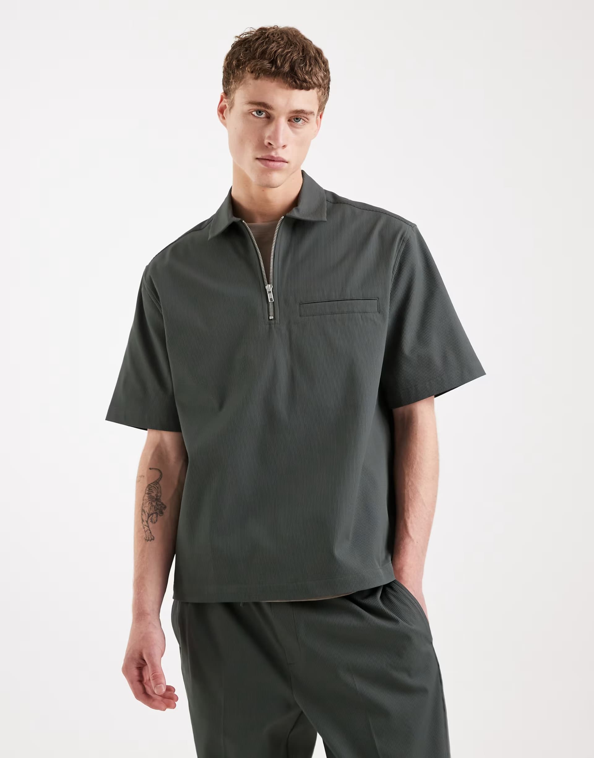 ASOS ASOS DESIGN co-ord zip through relaxed overhead shirt in khaki