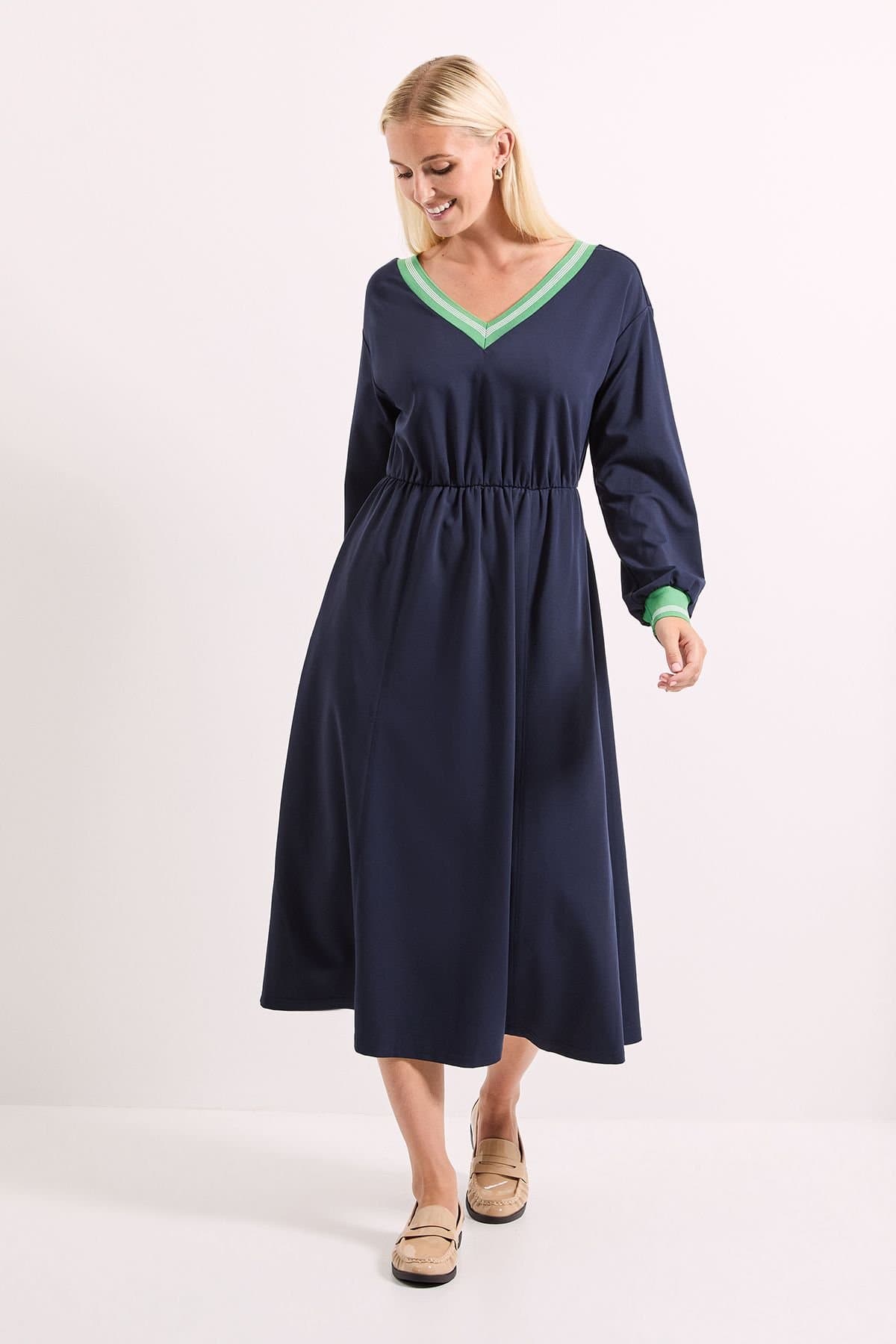 Principles Principles Women's Navy Rib Contrast Detail V Neck Midi Dress