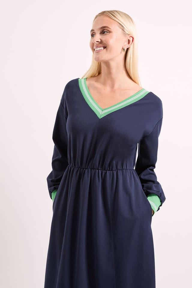 Principles Principles Women's Navy Rib Contrast Detail V Neck Midi Dress - 2