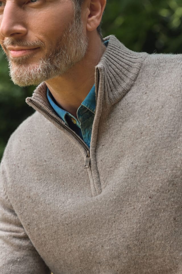 WoolOvers WoolOvers Men's Mens Lambswool Zip Neck Jumper in Camel - 2