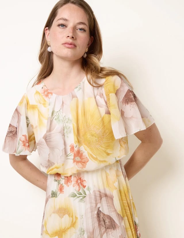 Blue Vanilla Pleated Scoop Neck Short Sleeve Floral Dress - 3